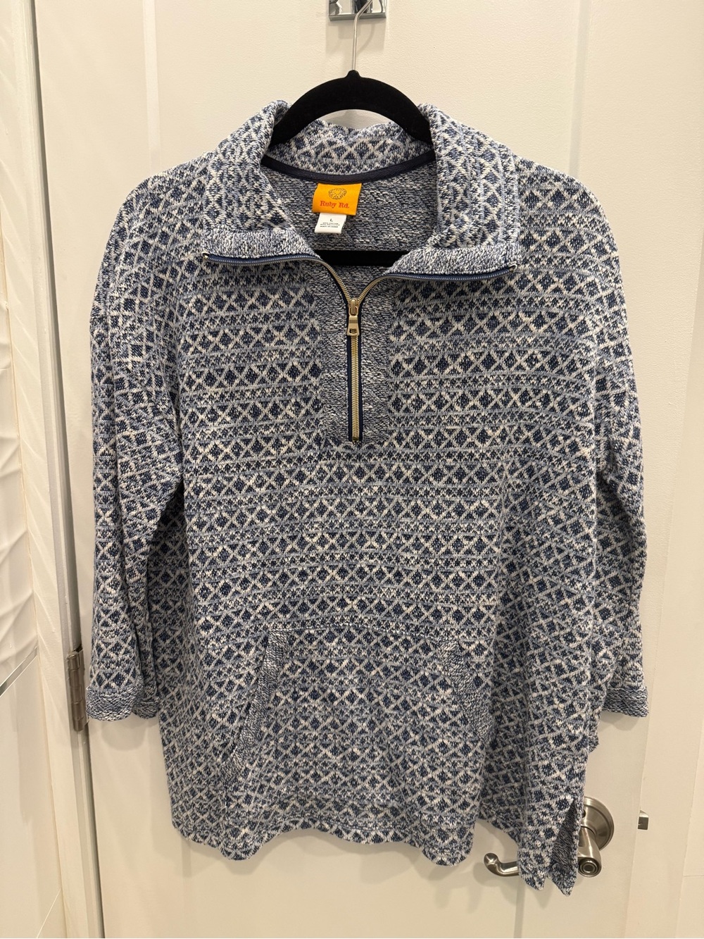 Ruby Rd. Blue and White Zip-Up Sweater Pullover cotton